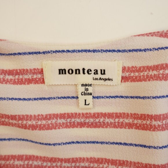 Monteau Large White Pink Blue Striped Belted Wrap Tunic Large Dress V-Neck - Picture 8 of 9